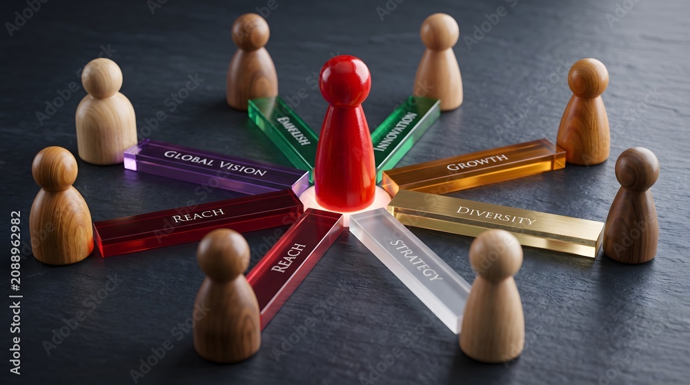 Obraz premium Leadership traits and strategic business focus conceptual model.
