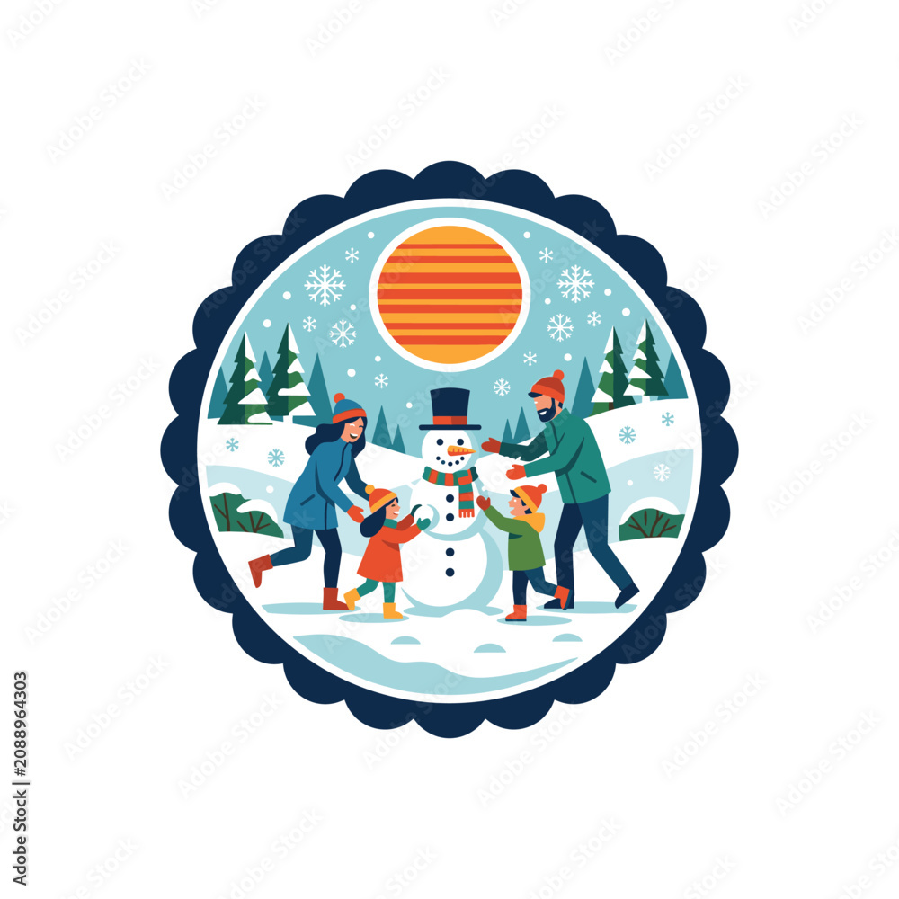 Naklejka premium Winter family fun illustration showing parents and children building snowman in snowy mountain landscape.