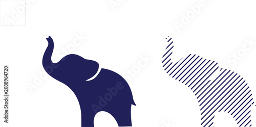 Photos Dark blue elephant silhouette with striped companion on white background