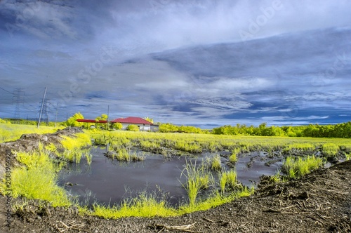Obraz na plátně A striking infrared landscape captures a muddy, waterlogged paddy field with vibrant lime-green grass under a dramatic, dark storm cloud-filled sky