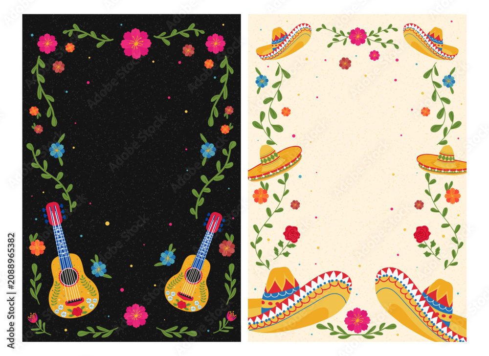 Naklejka premium Mexican fiesta background with guitar, sombrero, and floral frame. Set of vector illustrations of Cinco de Mayo celebrations. A template for an invitation card for a cultural event with a festive desi