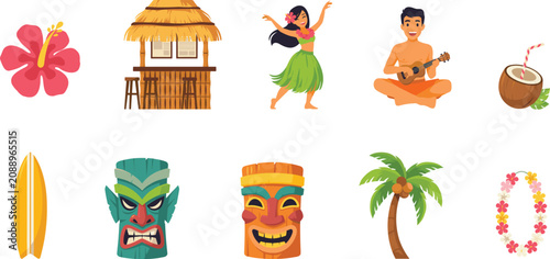 Foto Hawaiian Tiki Culture Vector Element Set with Hula Dancer, Ukulele Player, Triba