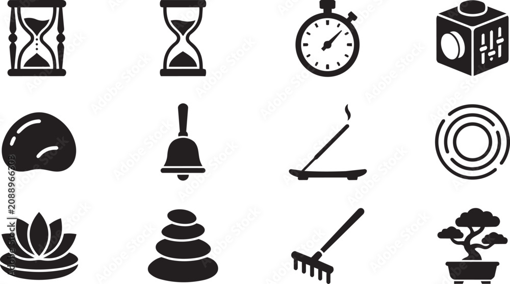 Naklejka premium Zen garden icons, meditation symbols, yoga elements, black vector set