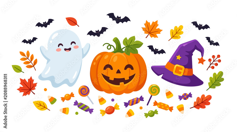 Obraz premium Cute Halloween vector elements with pumpkin, ghost, and witch hat.