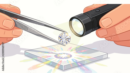 Clean anime-style digital illustration of a faceted clear gemstone held by metal tweezers, lit by a handheld flashlight, projecting rainbow light refraction onto a clear glass plate