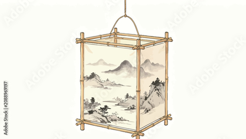 Traditional East Asian Square Hanging Lantern with Bamboo Frame and Ink Wash Landscape Art on Rice Paper, Against Plain Soft White Background