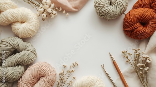 A beautiful flat lay of luxurious yarn skeins in soft neutral colors (cream, dusty rose, sage green, oatmeal, warm terracotta)