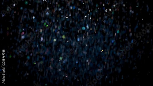 photography of colorful raindrops falling from the sky on a dark night with a candid photography style.