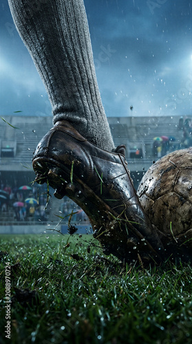 Soccer player kicking mud and rain in a stadium at night