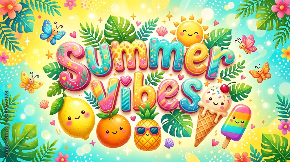Naklejka premium Colorful summer vibes illustration with smiling fruits and ice cream
