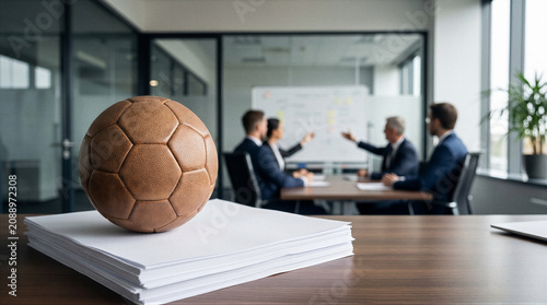 Leather soccer ball on documents in a modern office meeting