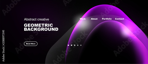 Foto Dark background features vibrant abstract shapes, text elements, navigation menu