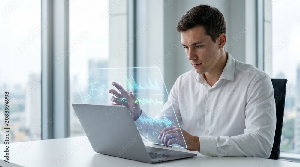 Fototapeta premium Young Professional Interacting with Holographic Wellness Dashboard