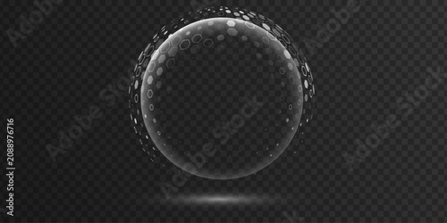Holographic glowing sphere shield with hexagonal digital pattern and glass effect isolated on transparent background for cybersecurity or data protection. Cyber protection bubble. Vector illustration.