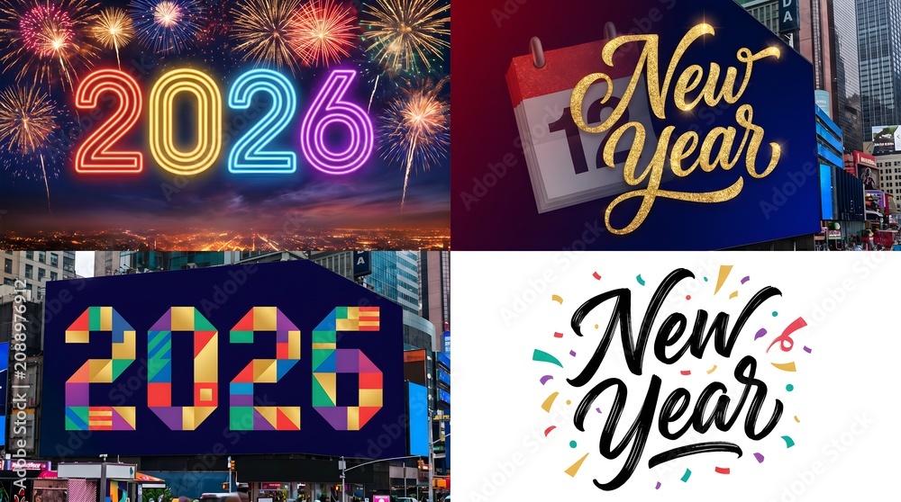 Fototapeta premium Vibrant collection of four distinct artistic compositions featuring colorful typography and celebratory themes to mark the arrival of the upcoming new year twenty twenty six celebration