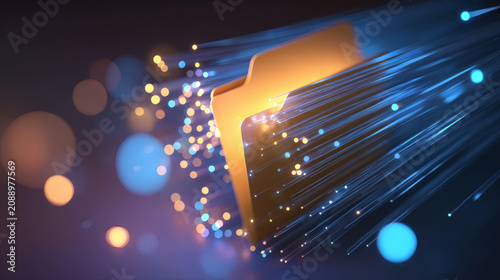 macro photograph of dense bundle of blue and cyan fiber optic cables glowing with active data transmission, cables converge toward a luminous document folder icon blending blue and golden brown 