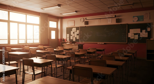 Empty classroom interior with desks and a chalkboard in warm sunlight