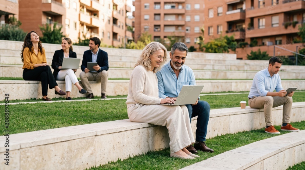 Fototapeta premium Diverse group of business people working outdoors with laptops in a modern urban park setting.