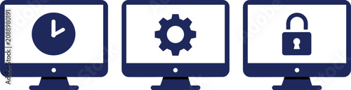 Dark blue computer monitor icon set displaying a clock gear settings icon and padlock security vector illustration