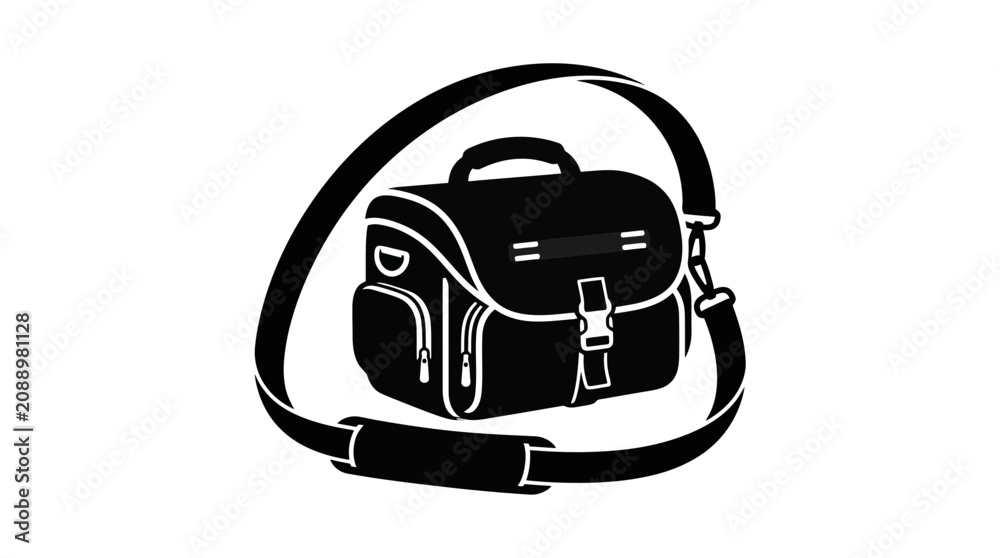 Fototapeta premium Black Messenger Bag Icon with Strap, Isolated on White Background