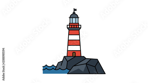 Red and White Striped Lighthouse Icon on a Rocky Cliff by the Ocean Shoreline Illustration