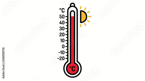 Thermometer Icon Displaying High Temperature Reading with Sun Symbol for Weather Forecasting and Climate Monitoring