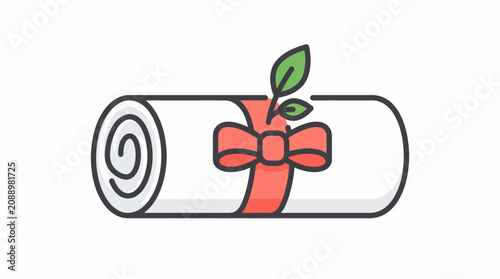 Rolled Paper Certificate or Diploma Icon with Red Ribbon and Green Leaf Symbolizing Graduation Success and Academic Achievement
