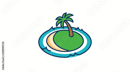 Minimalist tropical island icon with palm tree and ocean waves vector illustration