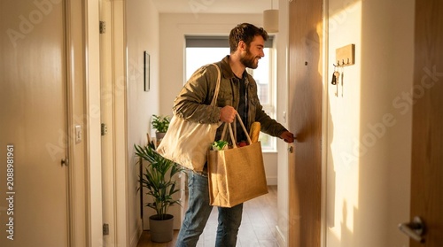 Man entering home with grocery bag shopping keys door apartment