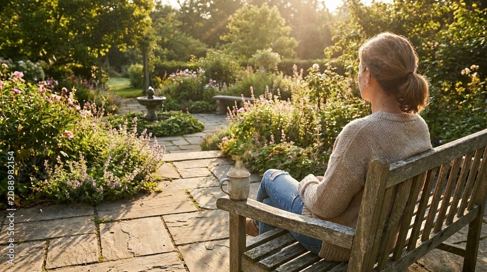 Fototapeta premium woman sitting on a bench in a garden with flowers relaxation