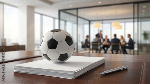 Soccer ball on paperwork in a modern corporate office boardroom