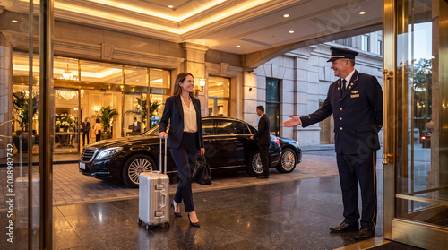 Luxury Hotel Arrival: A well-dressed businesswoman with her suitcase arrives at an opulent hotel entrance, greeted by a welcoming doorman, while a chauffeur stands by a luxury car.