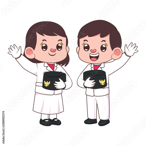 Vector illustration featuring cute boy and girl cartoon characters dressed in traditional white Indonesian Paskibra flag hoist troop uniforms waving hands and holding black ceremonial hats.