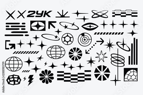 Tableau sur toile Y2K aesthetic vector elements set, retro futuristic 2000s graphic shapes, black