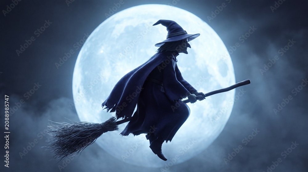 Fototapeta premium A mystical witch in a pointed hat flying on a broomstick, silhouetted against a giant, glowing full moon in a foggy night sky. Perfect for Halloween themes.