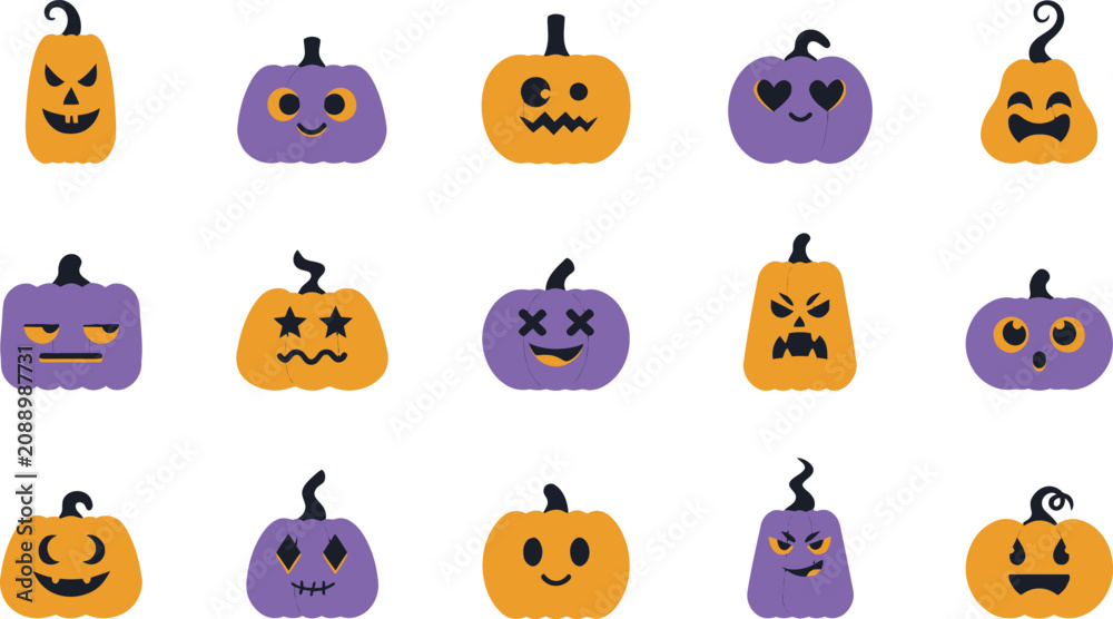 Obraz premium Colorful Halloween pumpkins with various carved and painted faces designs