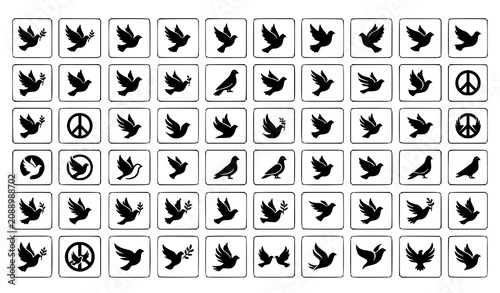 Peace Dove and Flying Pigeon Black Silhouette Icon Collection Vector