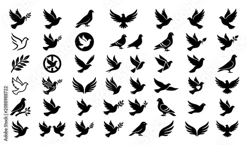 Black Dove Peace Symbol Silhouette Icon Set Flying Pigeon Vector Collection