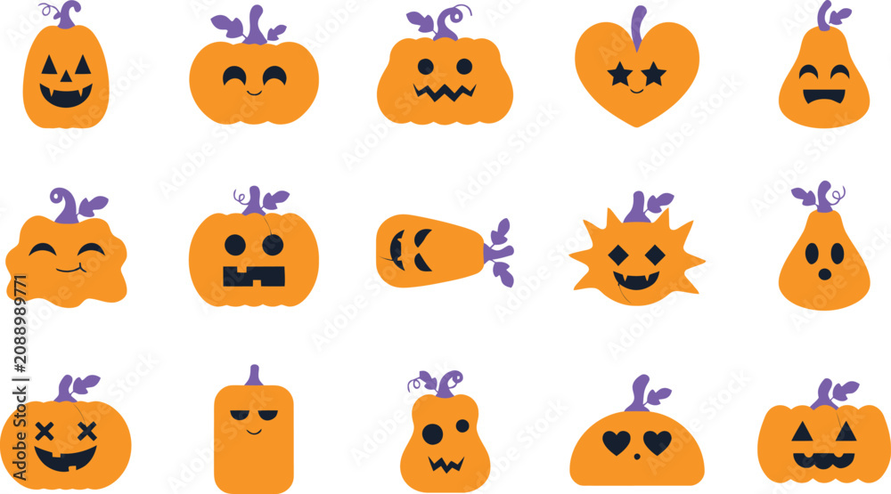 Fototapeta premium Happy Halloween pumpkins with various cute and funny carved faces design