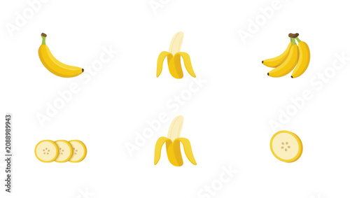 Konstfotografi Set of cheerful yellow banana icons in different shapes and quantities Vector