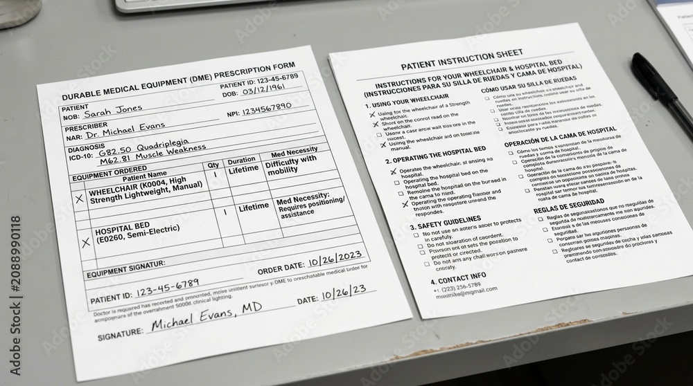 Fototapeta premium Durable medical equipment prescription form for wheelchair and hospital bed with a translated patient instruction sheet stock photo for healthcare and medical industry use
