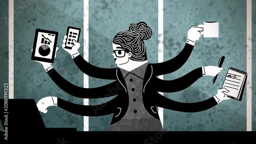 multitasking businesswoman with many arms managing multiple digital devices