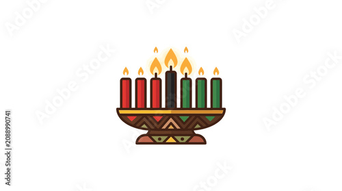 Kwanzaa Kinara with Seven Lit Candles on White Background, African American Celebration