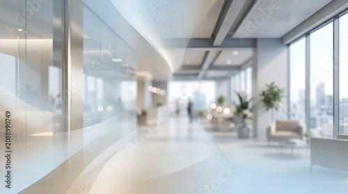 Modern office interior with large windows overlooking a city skyline, soft lighting, and minimalist furniture, ideal for business presentations and corporate branding