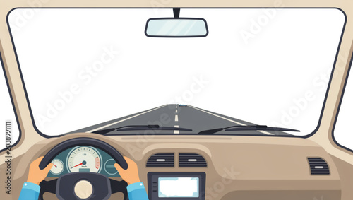 Person driving a car with mountain landscape view through front windshield Vector