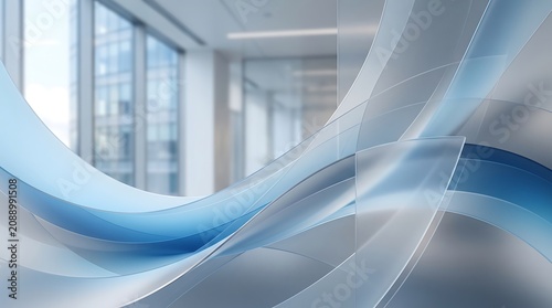 Abstract flowing blue and grey paper-inspired layered waves traversing a professional blurred corporate office interior with large glass windows