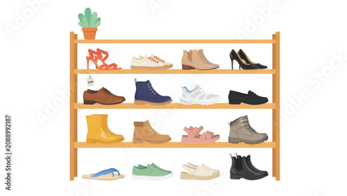 Assorted colorful shoes neatly arranged on wooden shelf display for retail or catalog use Vector