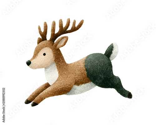 Cute watercolor illustration of a brown deer leaping