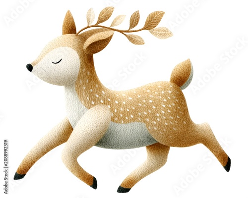 Adorable whimsical fawn illustration with leaf antlers running isolated on white