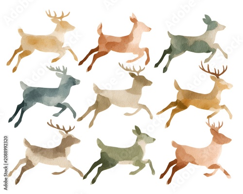 Artistic watercolor illustration featuring a group of leaping deer with antlers